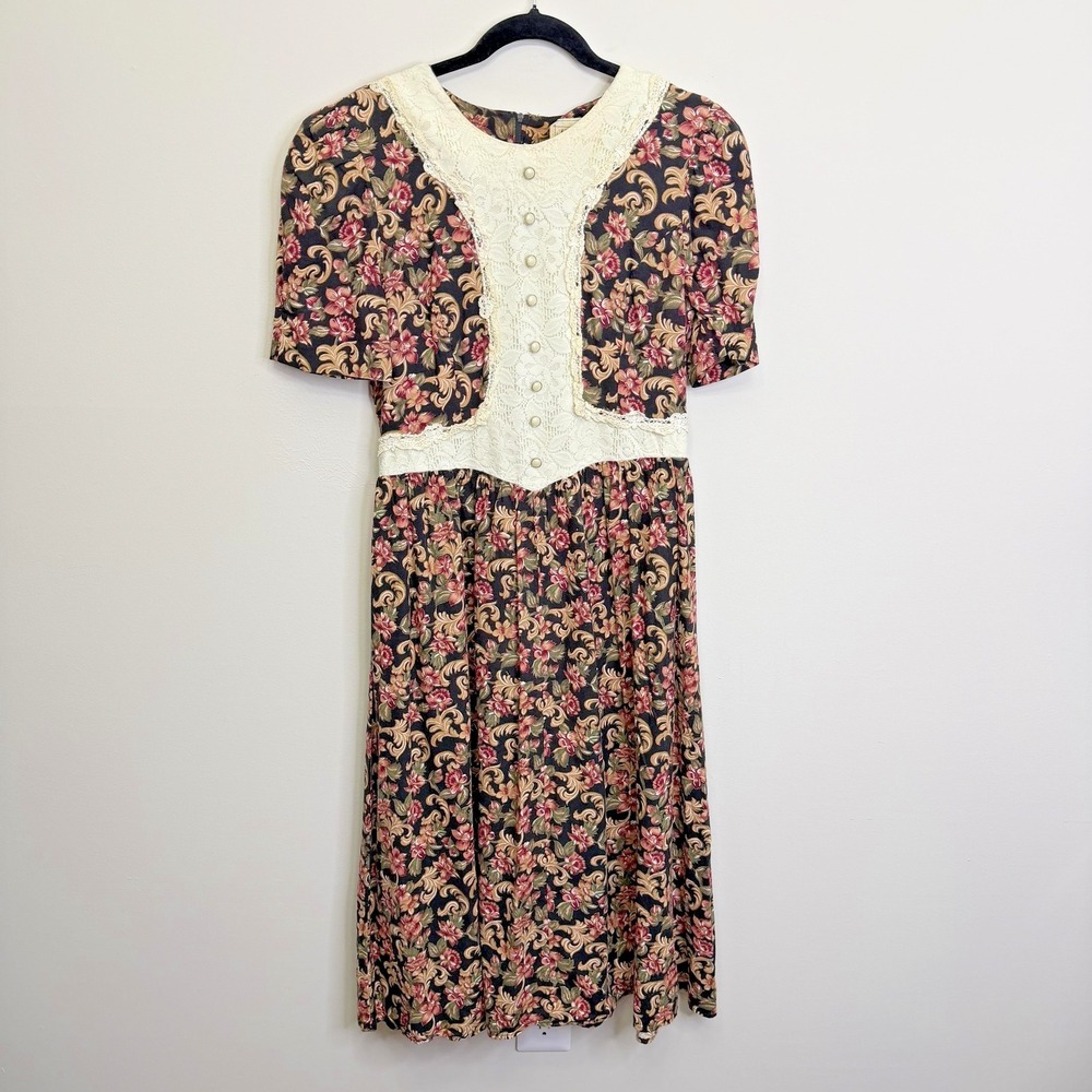 Vintage Miss Dorby Dress Womens 12 Floral Lace Puff‎ Sleeve Cotton Midi 90s